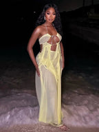 Backless Mesh Beach Dress With Halter Chain Deep V Ruched