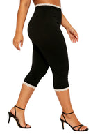 Lace Trim Capri Leggings With Elastic Waist Women Three Quarter Length