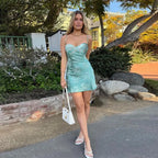 Spaghetti Strap Backless Mini A-line for Woman Satin Flower Green Brunch Dress