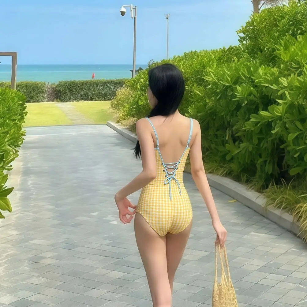 Sunny Gingham Spaghetti Strap V Neck One Piece Swimsuit With Lace Up Detailing And Light Blue Cover Up Skirt
