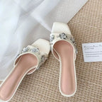 Women's Non-slip Stiletto Satin Rhinestone Square-toe High-heeled Slippers