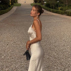 V-Neck Satin Sling Maxi Dress With Lace Patchwork Backless Evening Gown