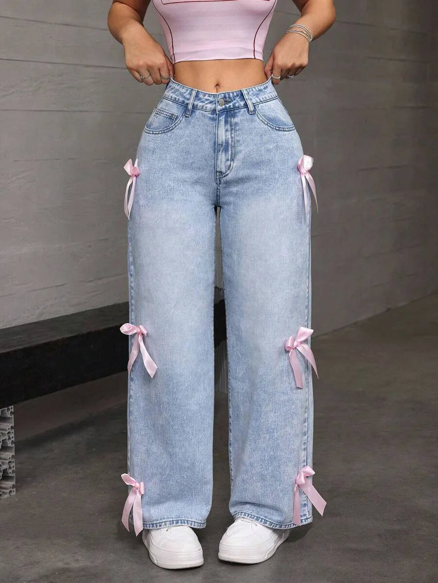 Street Chic Bowknot Denim Jeans With Loose Straight Wide Leg Silhouette In Washed Finish