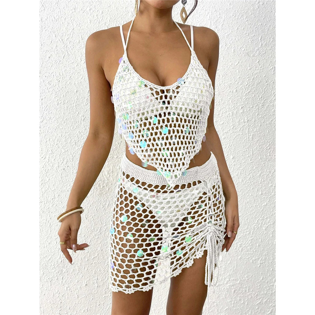 Hollow Out Skirt Crochet Knitted 2 Pieces Suits Cover Up