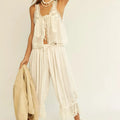 Boho Vintage Two Piece Set Tie Front Lace Trim Tank Top And Drawstring Pants