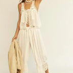 Boho Vintage Two Piece Set Tie Front Lace Trim Tank Top And Drawstring Pants