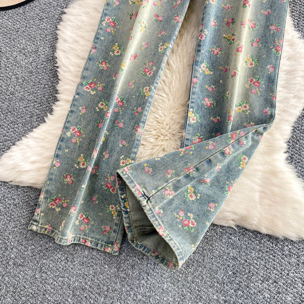 Floral Dream Denim Pants With Wide Leg Silhouette And High Waist