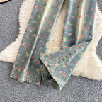 Floral Dream Denim Pants With Wide Leg Silhouette And High Waist