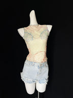 Chic Double Layer Mesh Tee With Elegant Print And High Collar Short Sleeve Women Net Shirt