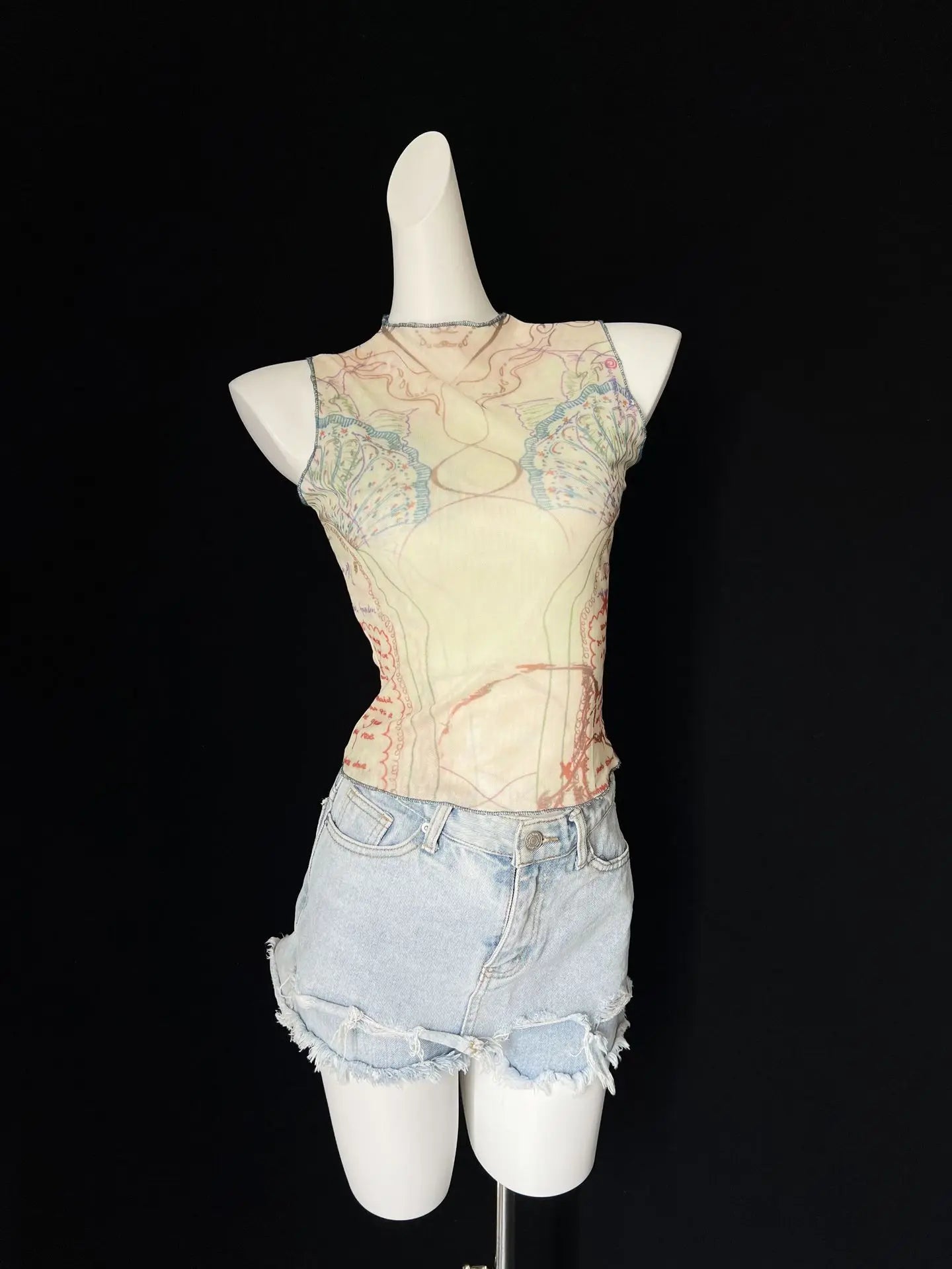Chic Double Layer Mesh Tee With Elegant Print And High Collar Short Sleeve Women Net Shirt