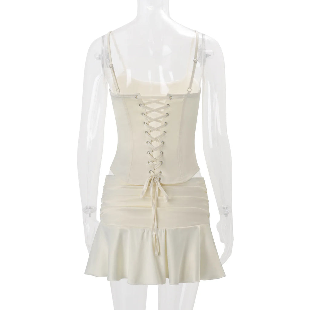Two Piece Set Slim Top And Pleated Skirt With Ruffles