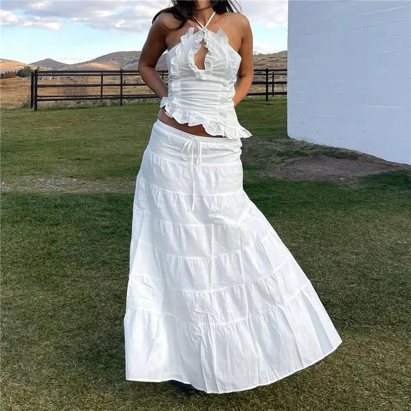 Two- piece Set With Ruched Maxi Skirt and Spaghetti Strap Halter Crop Top