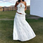 Two- piece Set With Ruched Maxi Skirt and Spaghetti Strap Halter Crop Top