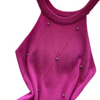 Pink Halter Neck Rhinestone Sundress Knit Ribbed Mini