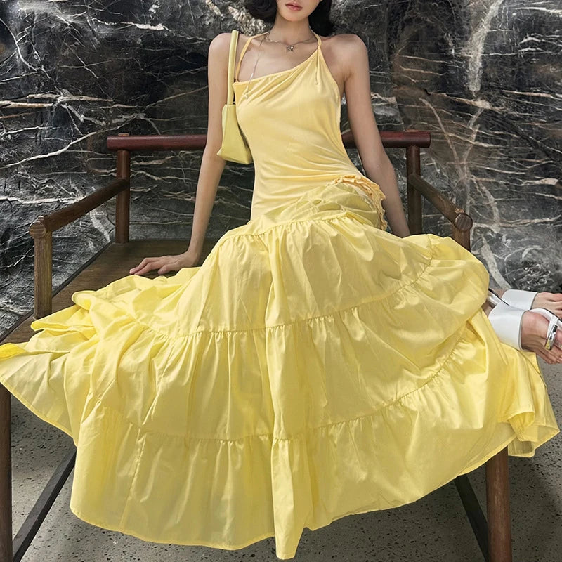 Off Shoulder Backless Evening Dress With Pleats And Ruffled Edges Diagonal Collar Floor Length