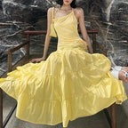 Off Shoulder Backless Evening Dress With Pleats And Ruffled Edges Diagonal Collar Floor Length