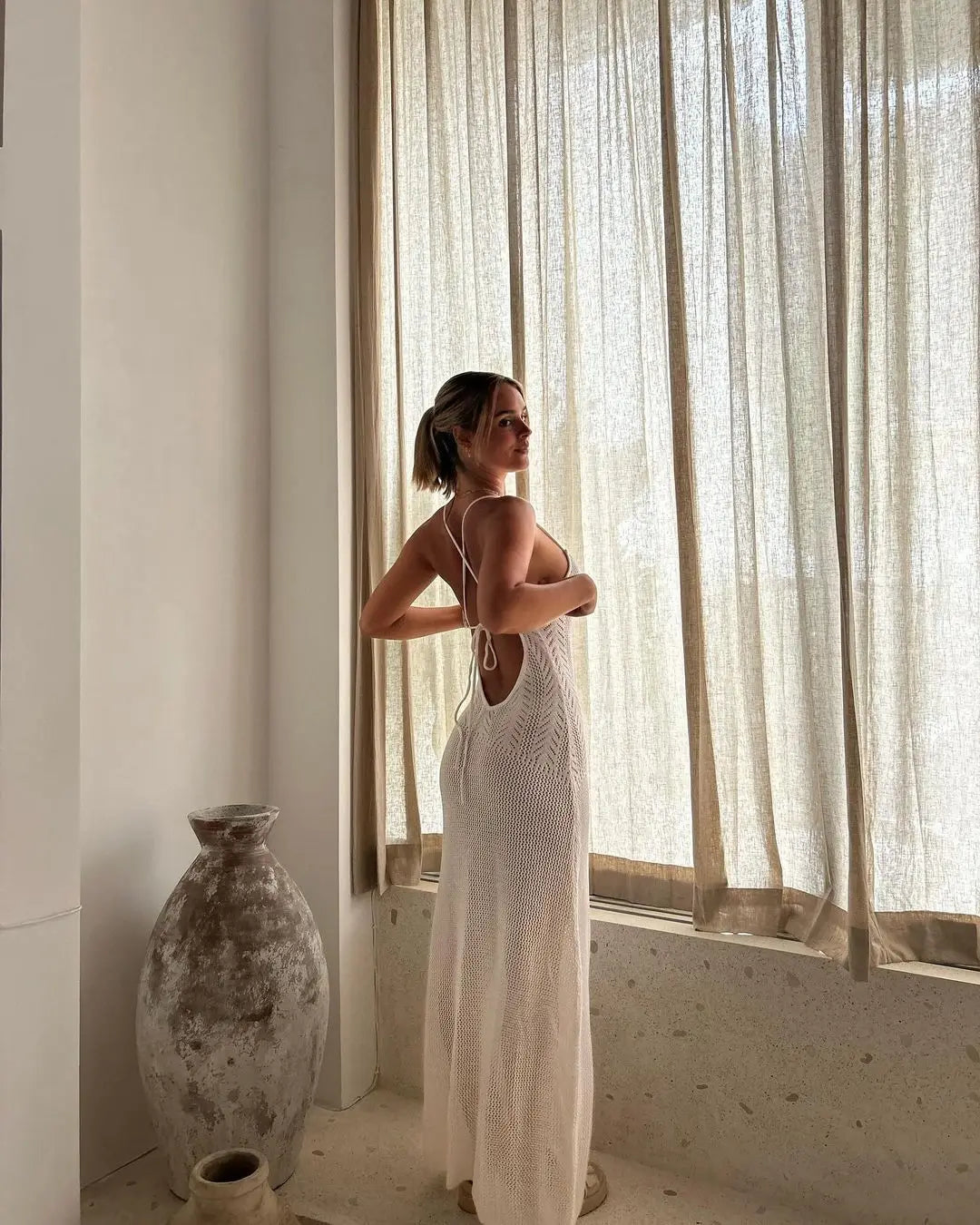 Floral Knit Strap Maxi Dress Backless Beach Cover Up For Summer Vacation And Resort Style