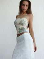Cozy Knit Crop Top With Allover Print And Backless Tie Accent