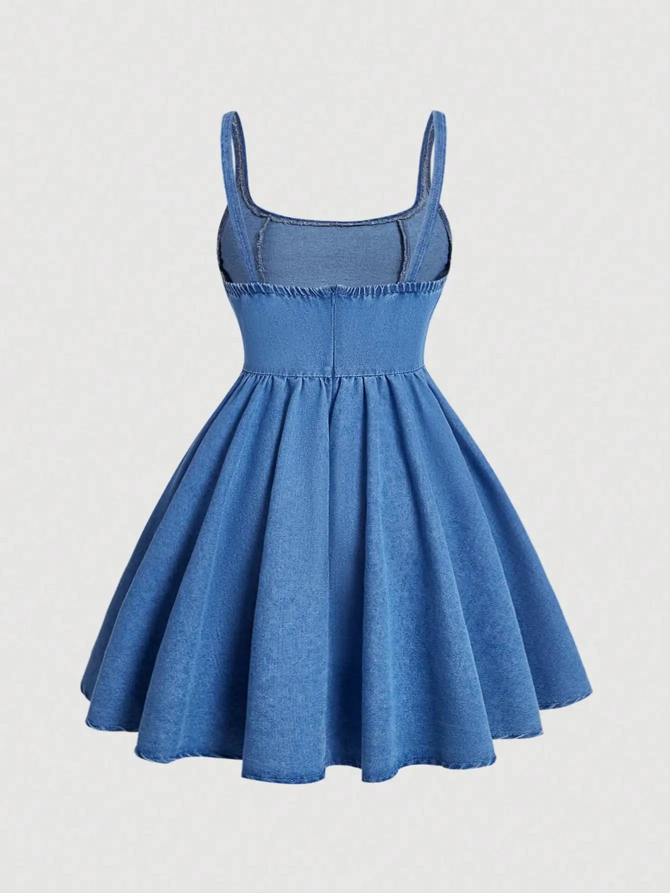 Vintage Denim Fishbone Dress With Thin Straps And High Rise A Line Flowy Hem
