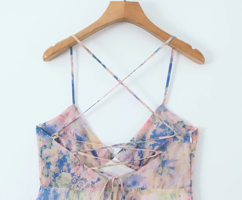 Gradient Floral Ruffles Chiffon Dress With V Neck Backless