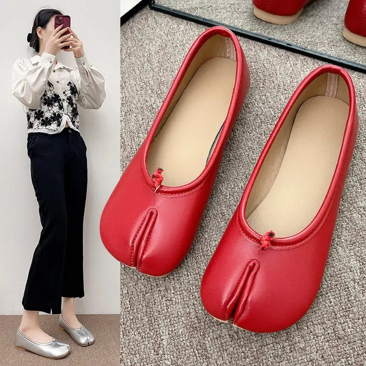 Tabi Style Leather Flats For Women Cozy Split Toe Slip On Shoes