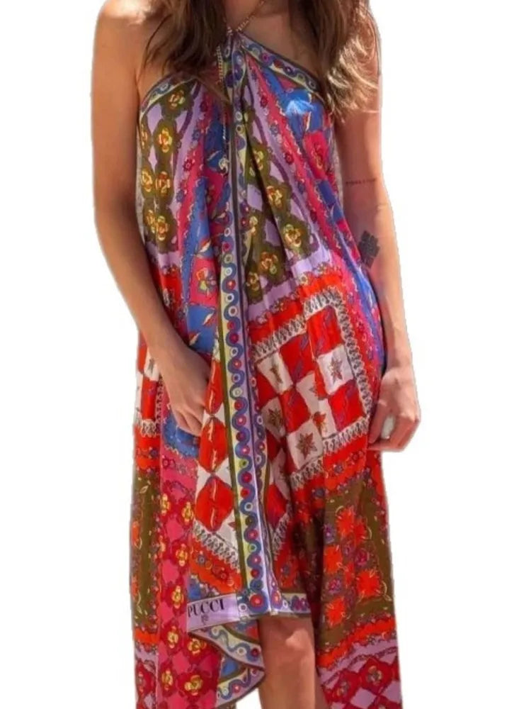Dreamy Boho Breeze Satin Halter Neck Maxi Dress