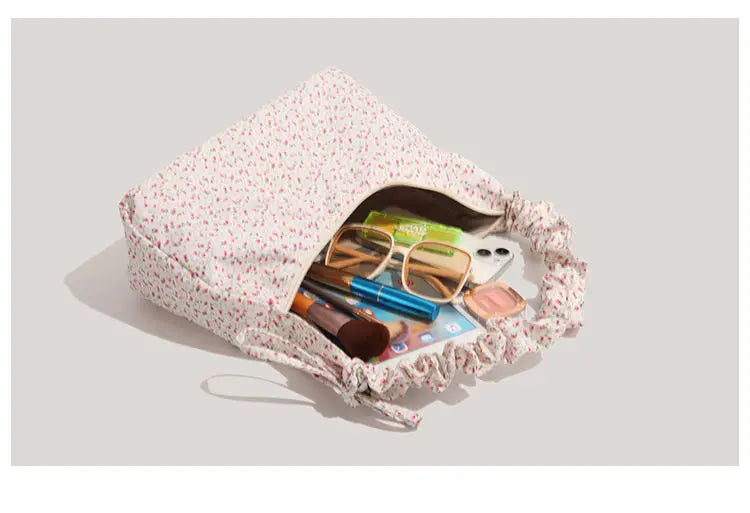 Fairycore Floral Canvas Shoulder Bags With Drawstring