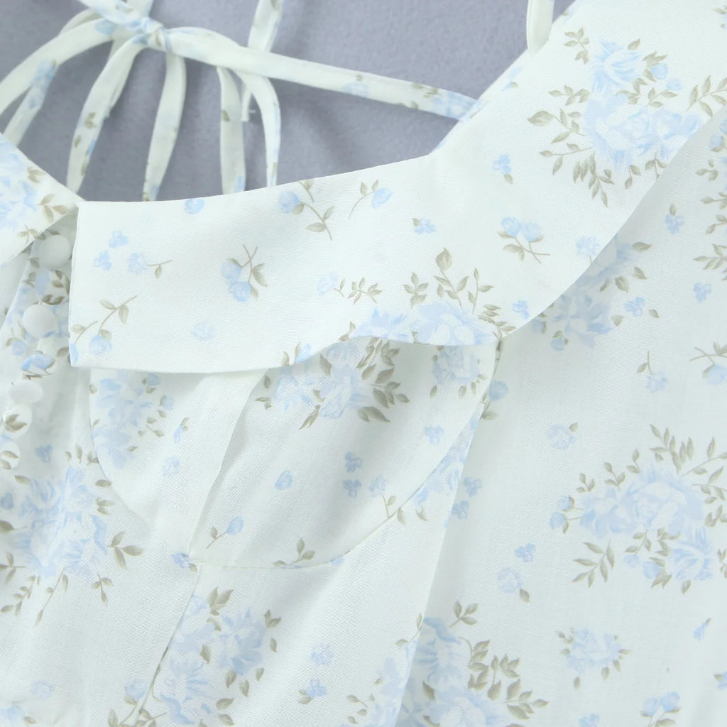 Floral Corset Style Crop Top With Cross Lacing And Ruffle Square Collar Three Quarter Sleeve