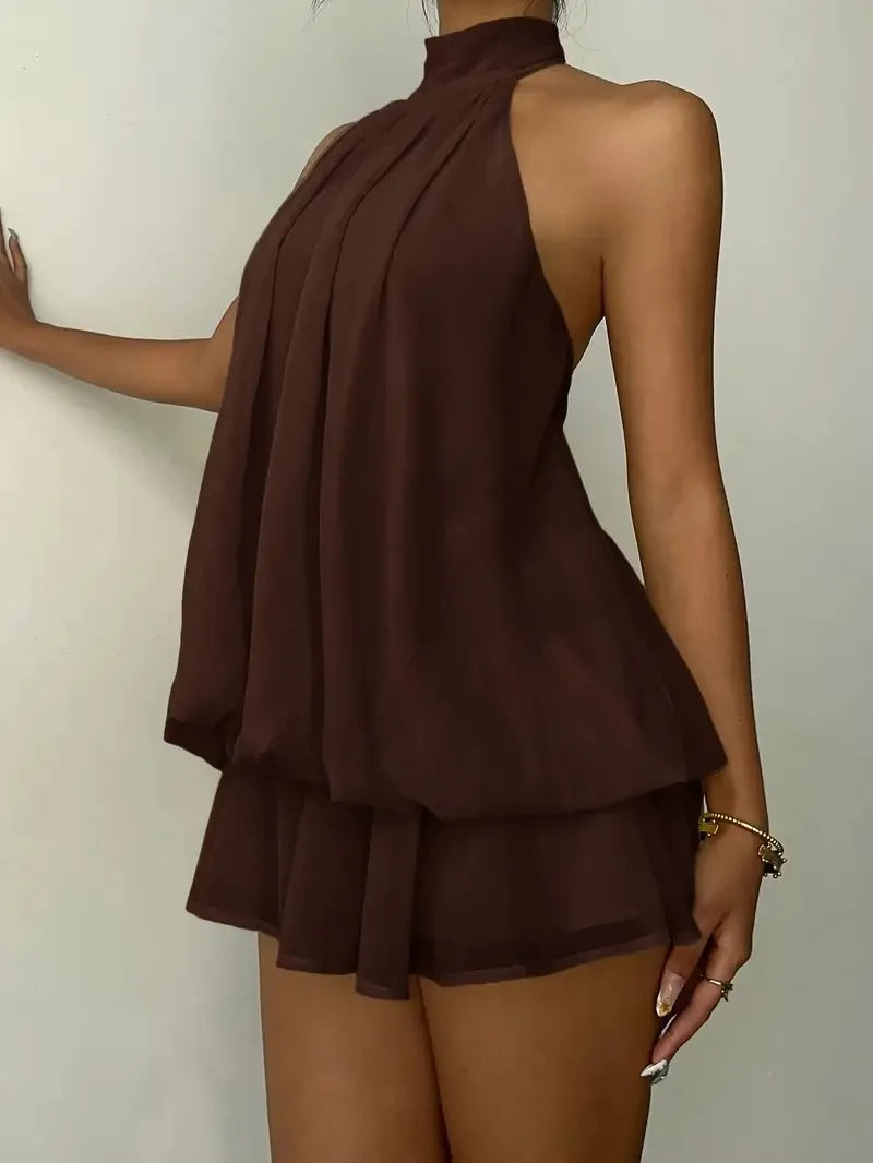 Women's Halter Neck Chiffon Mini Dress - Backless Tie-Front
