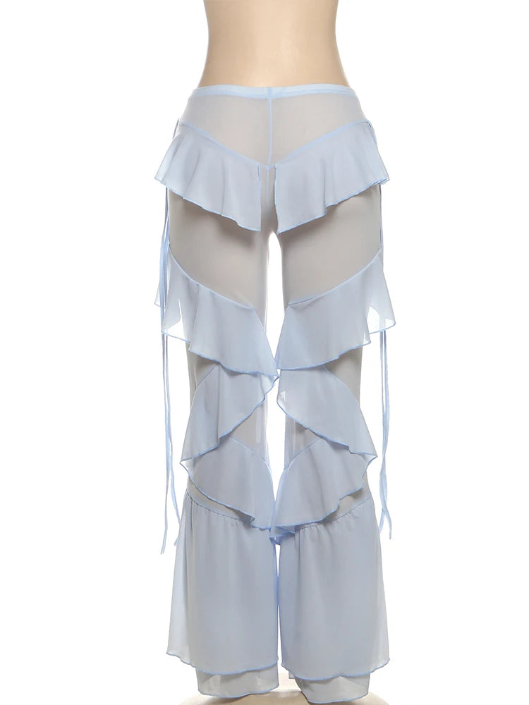 Irregular Tiered Flare Pants With Patchwork See Through