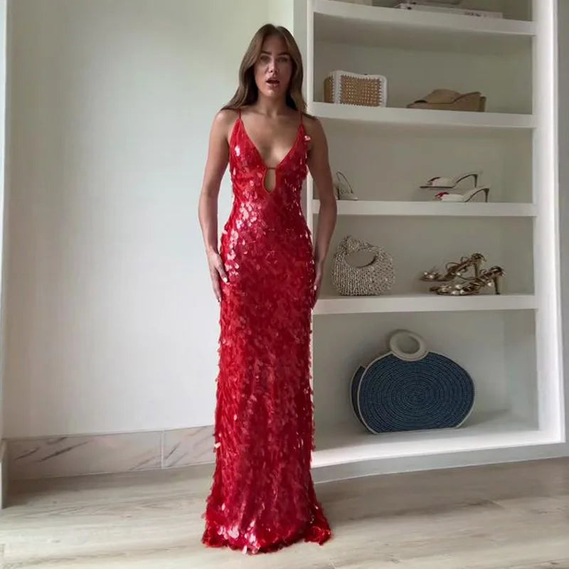 Gleaming Sequined V Neck Maxi Dress Sleeveless Backless High Waist Gown