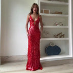 Gleaming Sequined V Neck Maxi Dress Sleeveless Backless High Waist Gown