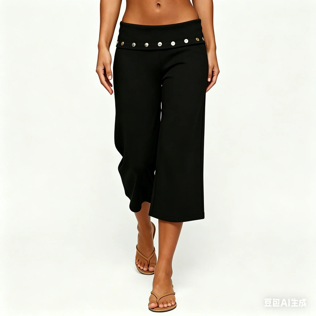 Fold Over Rivet Capri Women With Low Rise Knee Length Stretch Pants
