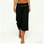 Fold Over Rivet Capri Women With Low Rise Knee Length Stretch Pants
