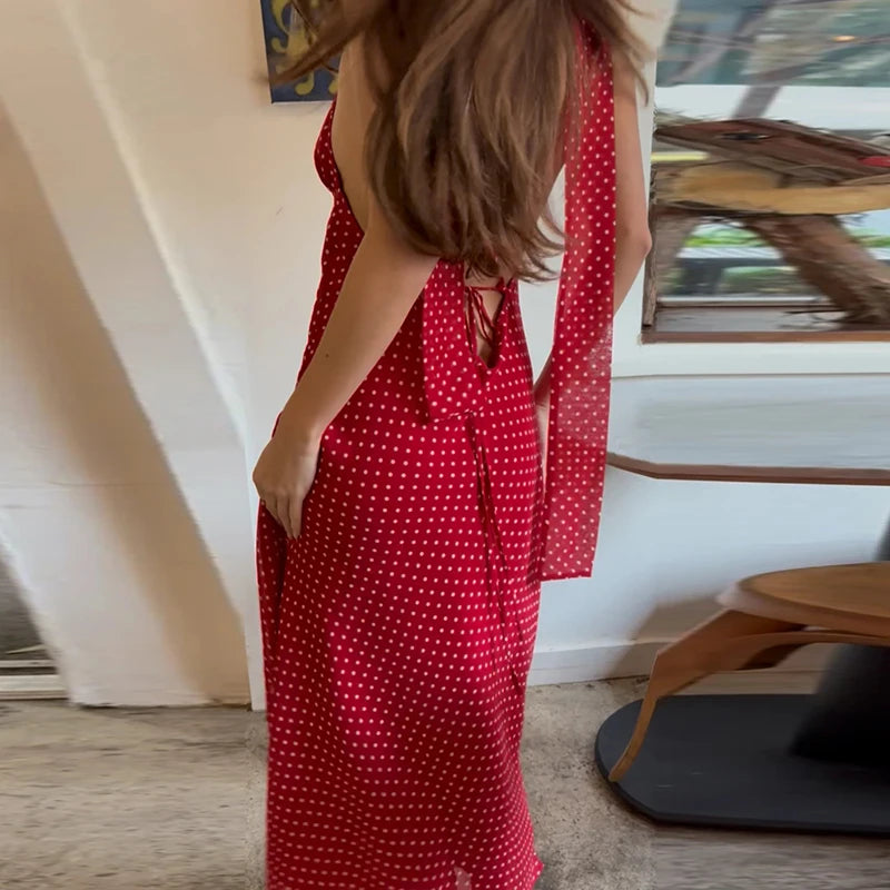 Polka Dot V Neck Maxi Dress With Tie Back And Scarf A Line Silhouette
