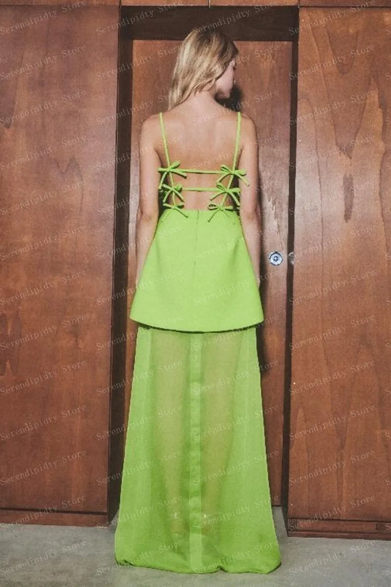 Emerald Green Satin Spaghetti Strap Party Dress With Hollow Out Panels And Bow Accent Details