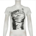 Animal Print Crop Top In White Slim Fit Crewneck Tee For Casual Vintage Vibe Everyday Chic