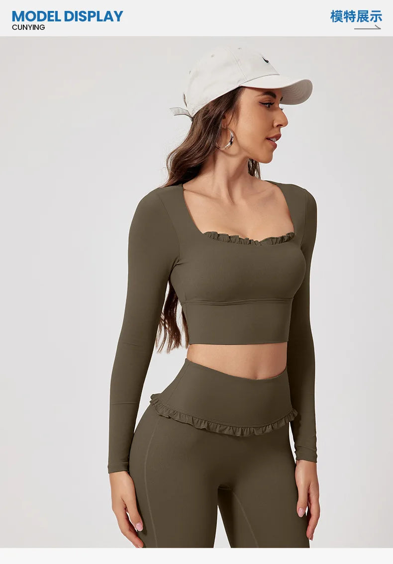 Women Shirts Long Sleeve for Yoga Crop Top Square Neck Workout Clothing with Chest Pads Fitness