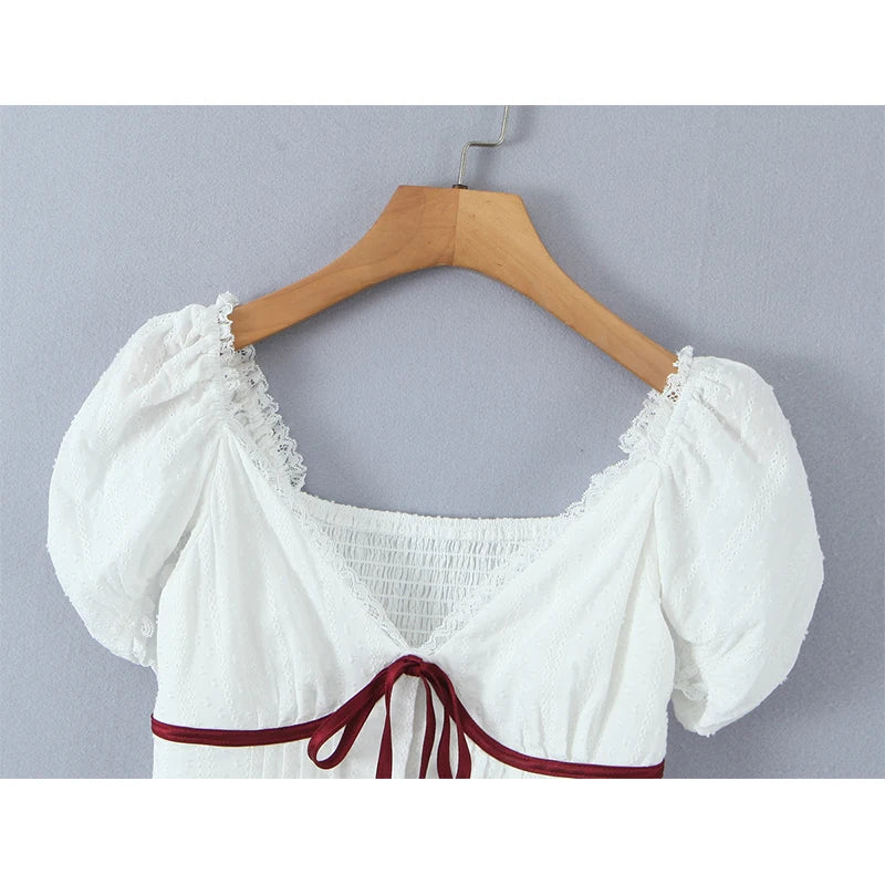 White Bow Detail Puff Sleeve V Neck Top With Vintage Charm And Flirty Slim Silhouette