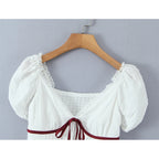 White Bow Detail Puff Sleeve V Neck Top With Vintage Charm And Flirty Slim Silhouette