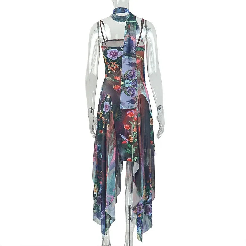 Floral Halter Maxi Set With Backless Design
