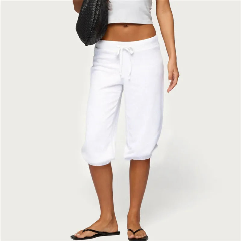 Women Vintage Y2K Low Waist Capri Sweatpants Drawstring Loose 3/4 Length Cropped Pants