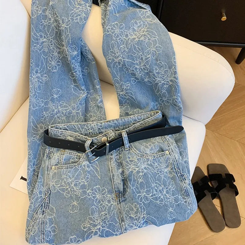 Embroidered Denim Wide Leg Jeans With Loose Fit