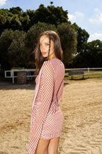 Ruched Red And White Striped Dress With Long Sleeves