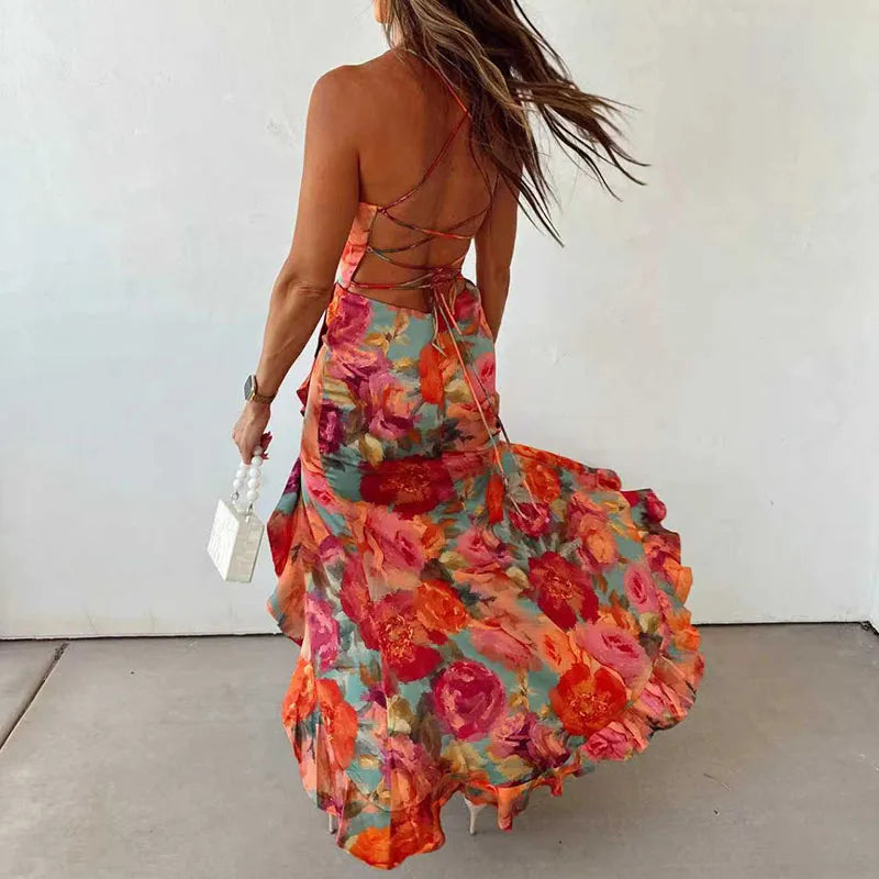 Floral Backless Tie Dress With Pleats