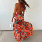 Floral Backless Tie Dress With Pleats