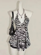Zebra Print V Neck Backless Halter Top