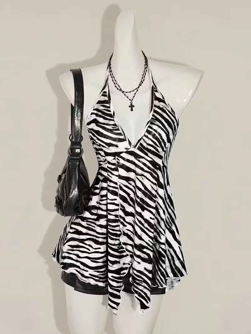Zebra Print V Neck Backless Halter Top
