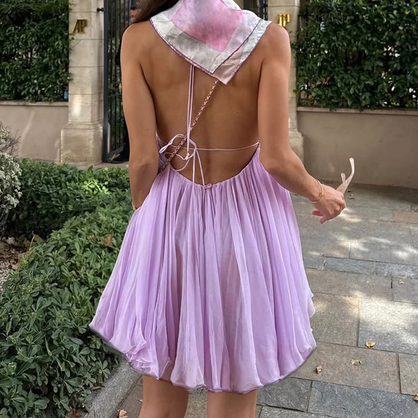 Purple Chiffon Backless Sundress With Deep V Neck A-Line Mini