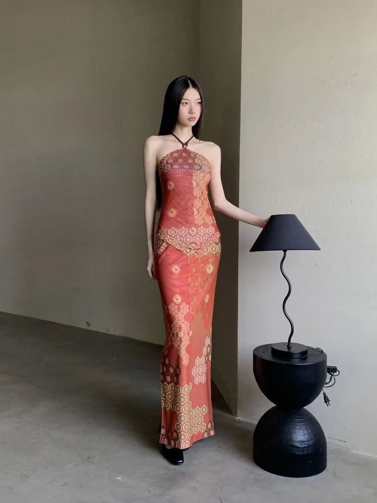 Vintage Reversible Two Piece Halter Neck Top And Long Skirt Set
